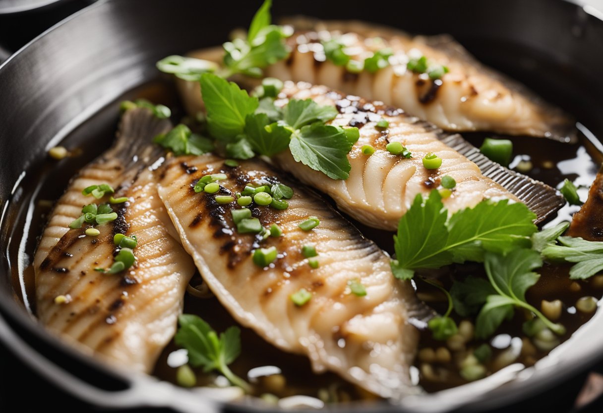 Tilapia steaming in a pot with oyster sauce drizzled over it