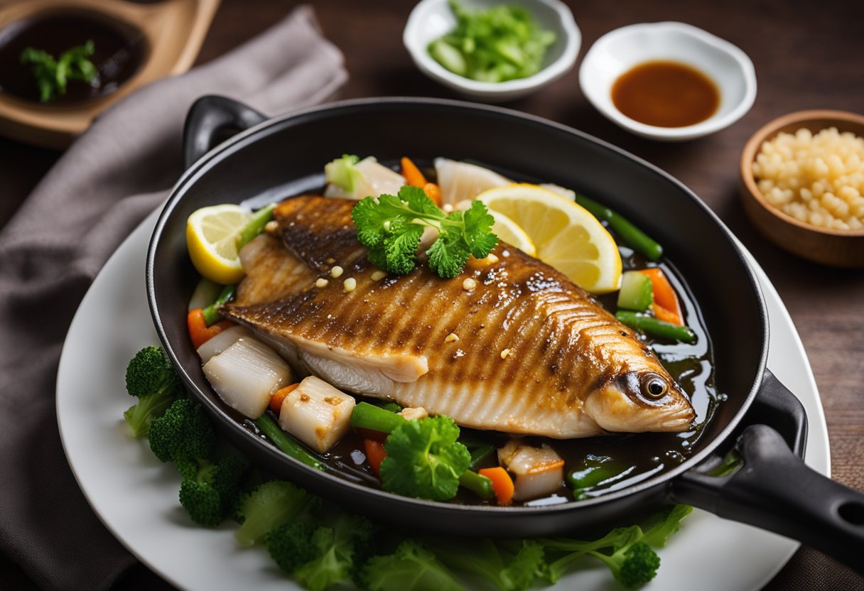 Steaming tilapia in oyster sauce, with a sizzling pan, bubbling sauce, and a whole fish on a bed of vegetables