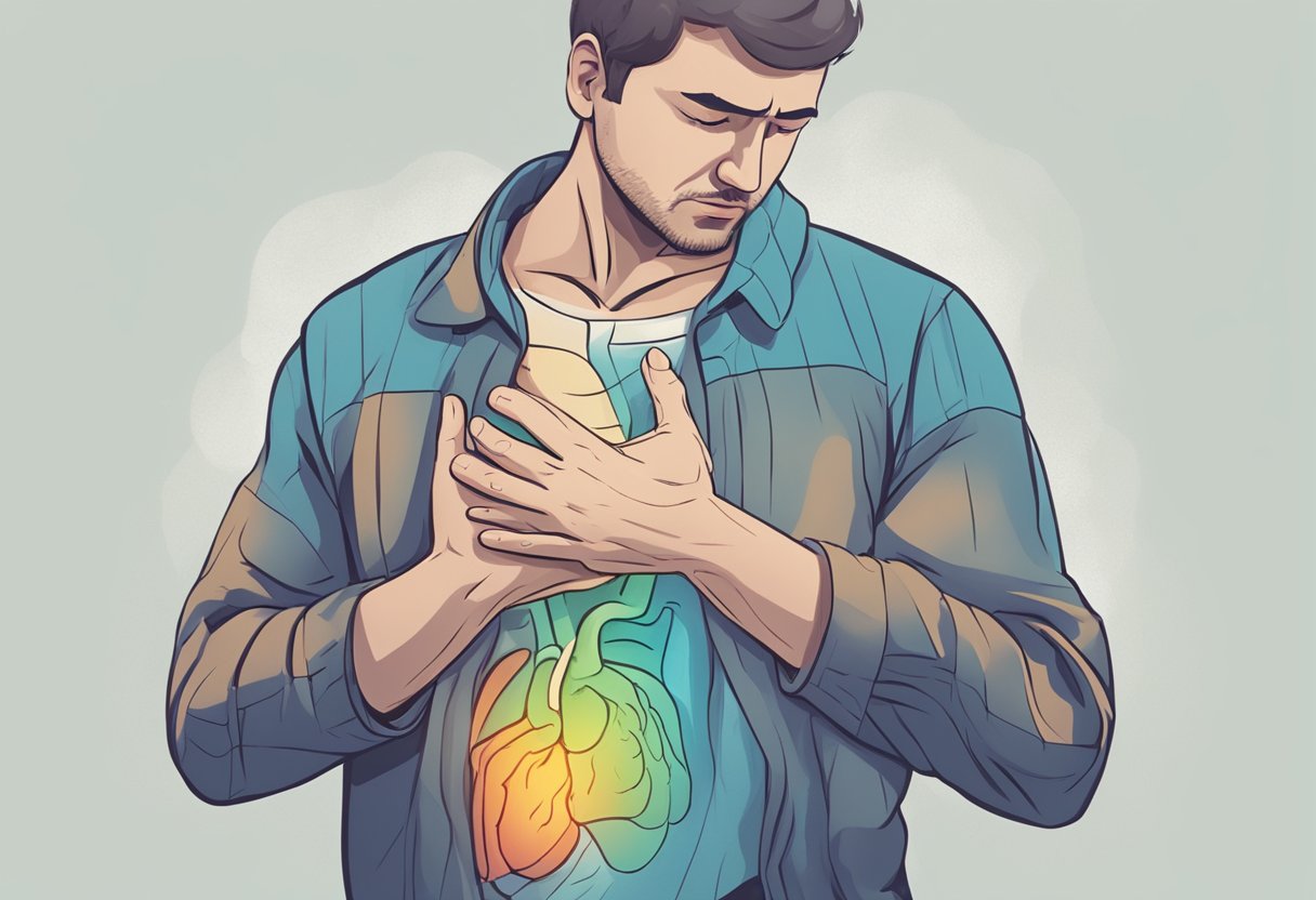 A person clutching their chest with a pained expression, while also showing signs of gastrointestinal distress