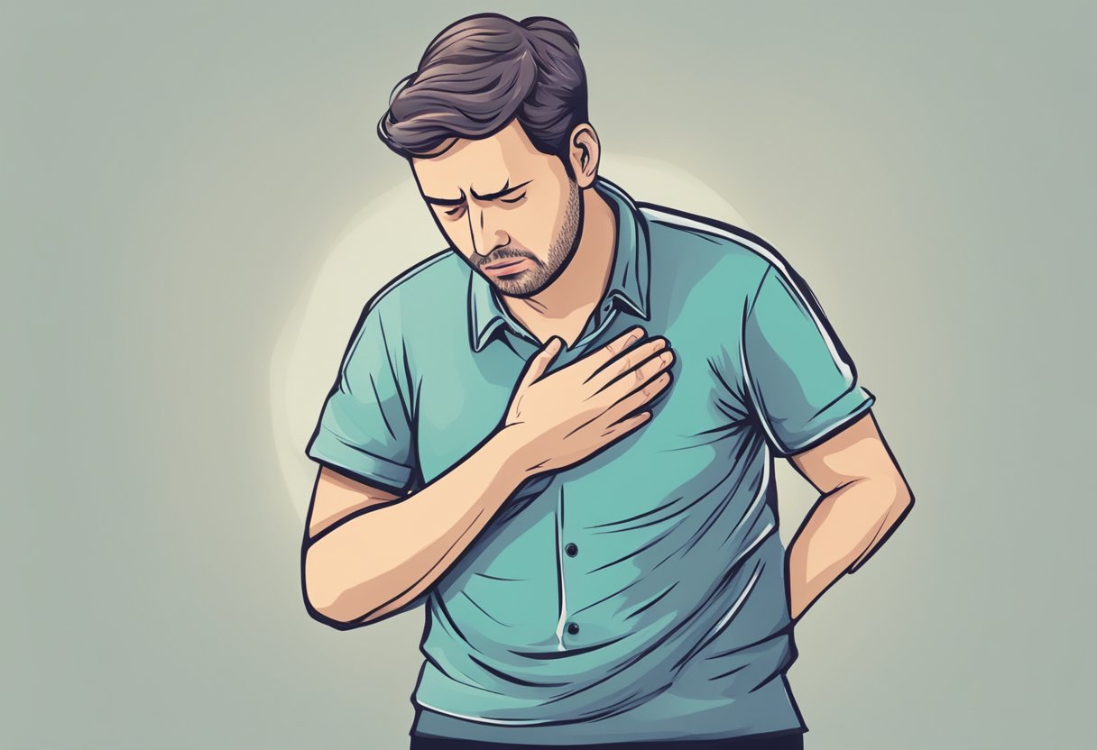 A person clutching their chest in pain, with a worried expression, while also experiencing diarrhea