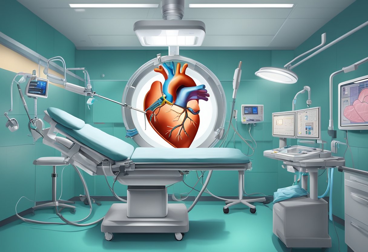 A heart-shaped hole is being repaired with surgical tools and stitches in a hospital operating room