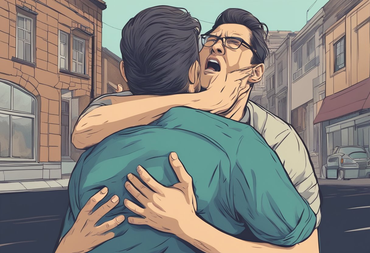 A person clutching their chest, grimacing in pain, while a concerned bystander calls for help