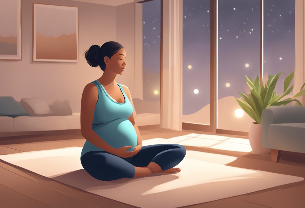 A serene pregnant woman sits in a quiet room, practicing deep breathing exercises. Her surroundings are peaceful and calming, with soft lighting and gentle music playing in the background