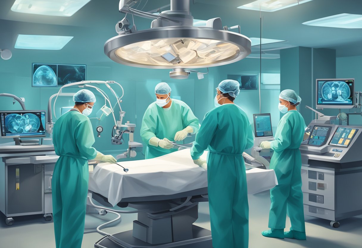 Surgeons perform hole in heart surgery with precision and focus in a sterile operating room, surrounded by medical equipment and a team of professionals