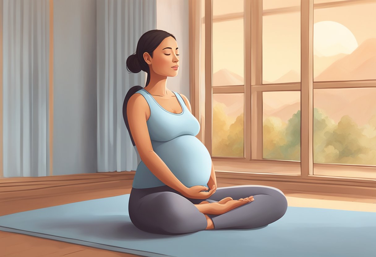 A pregnant woman sits calmly, practicing deep breathing and gentle yoga poses to lower her heart rate. A serene environment with soft lighting and soothing music creates a peaceful atmosphere