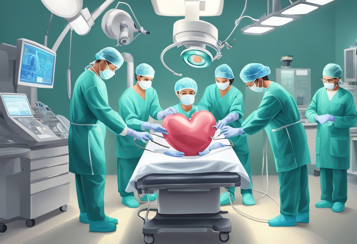 A surgeon performing hole in heart surgery, surrounded by medical equipment and a team of focused medical professionals