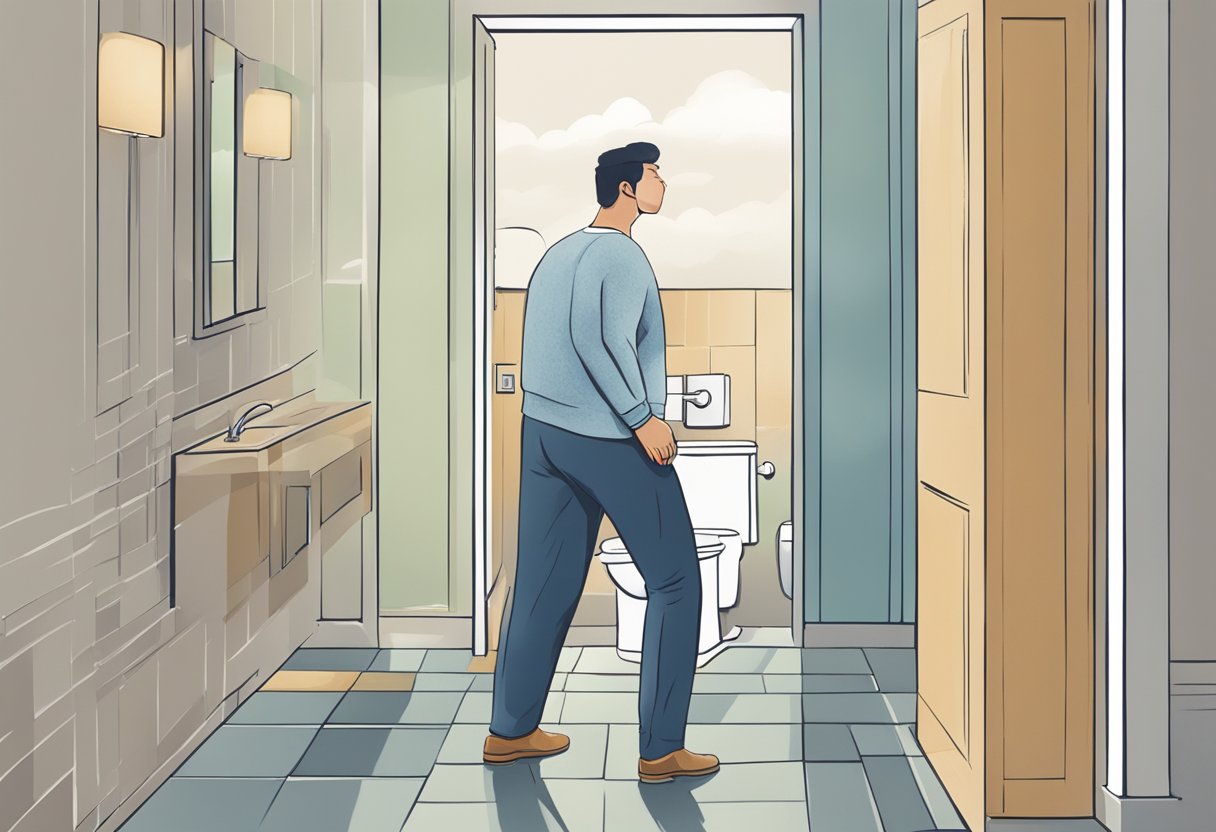 A person clutching their chest and rushing to the bathroom