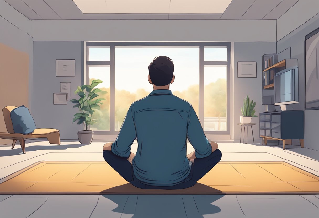 A person sitting with head tilted back, feeling lightheaded. The room is quiet and calm, with a faint, steady pulse in the background