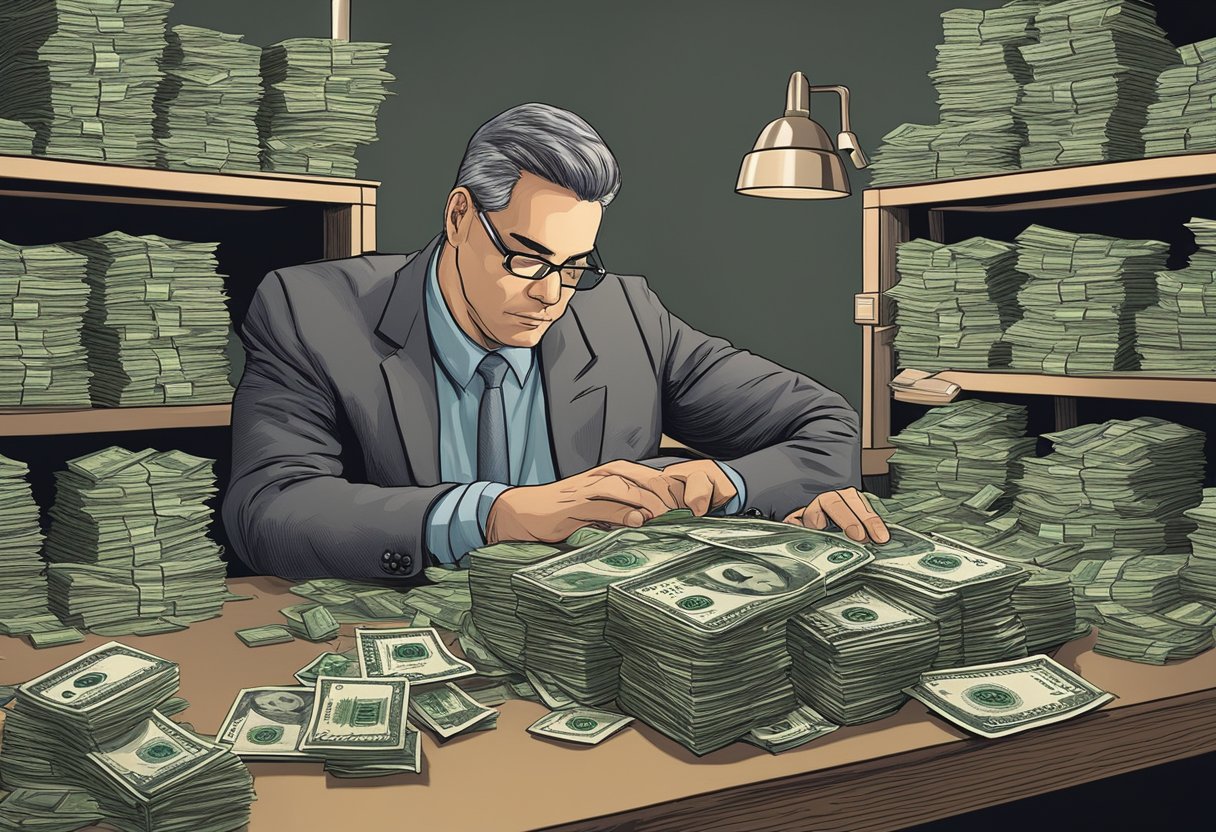A stern money lender counting stacks of cash at a cluttered desk