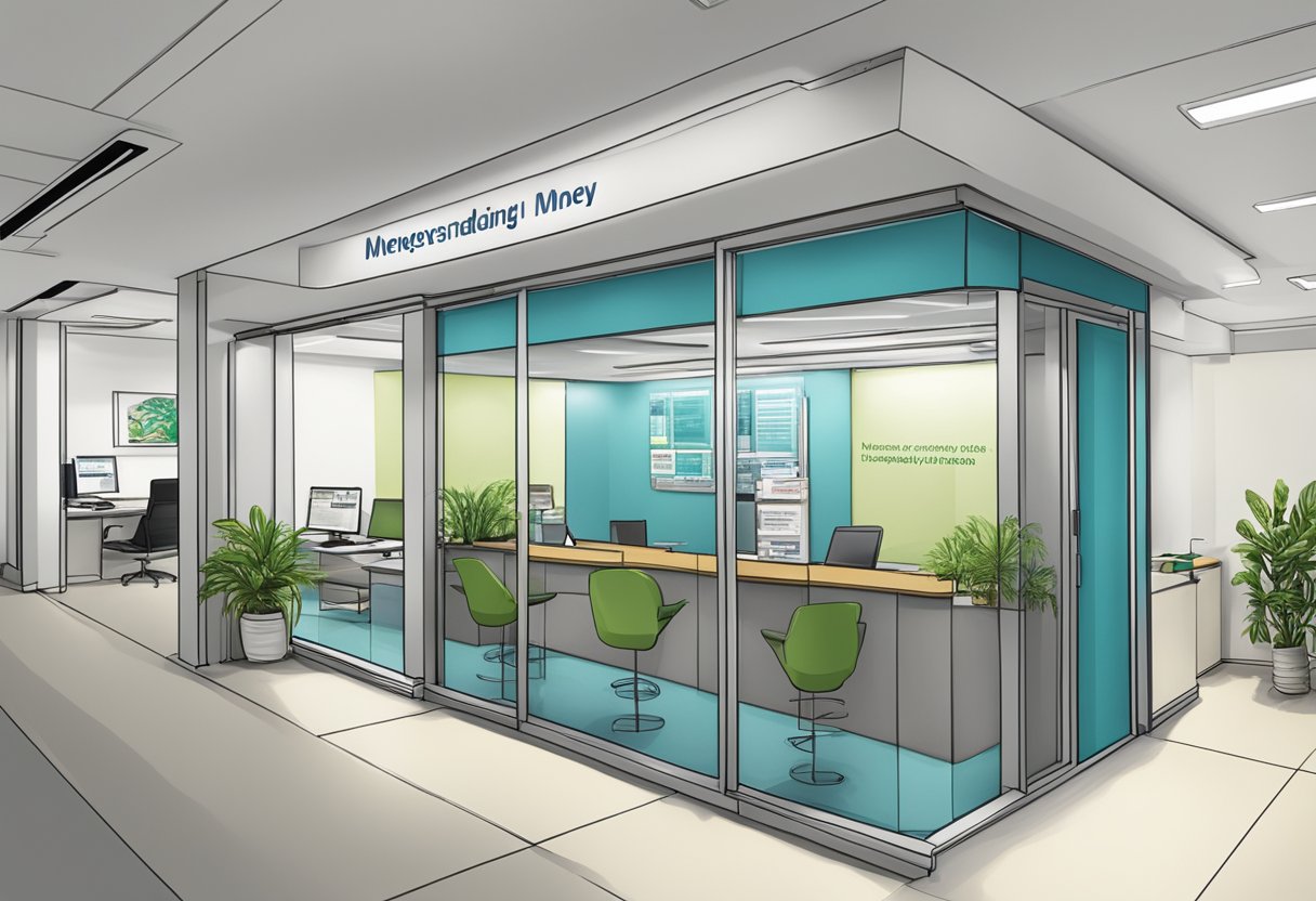 A money lender's office with a sign "Understanding Money Lending in Singapore" above the entrance. The office is clean and modern with a professional atmosphere