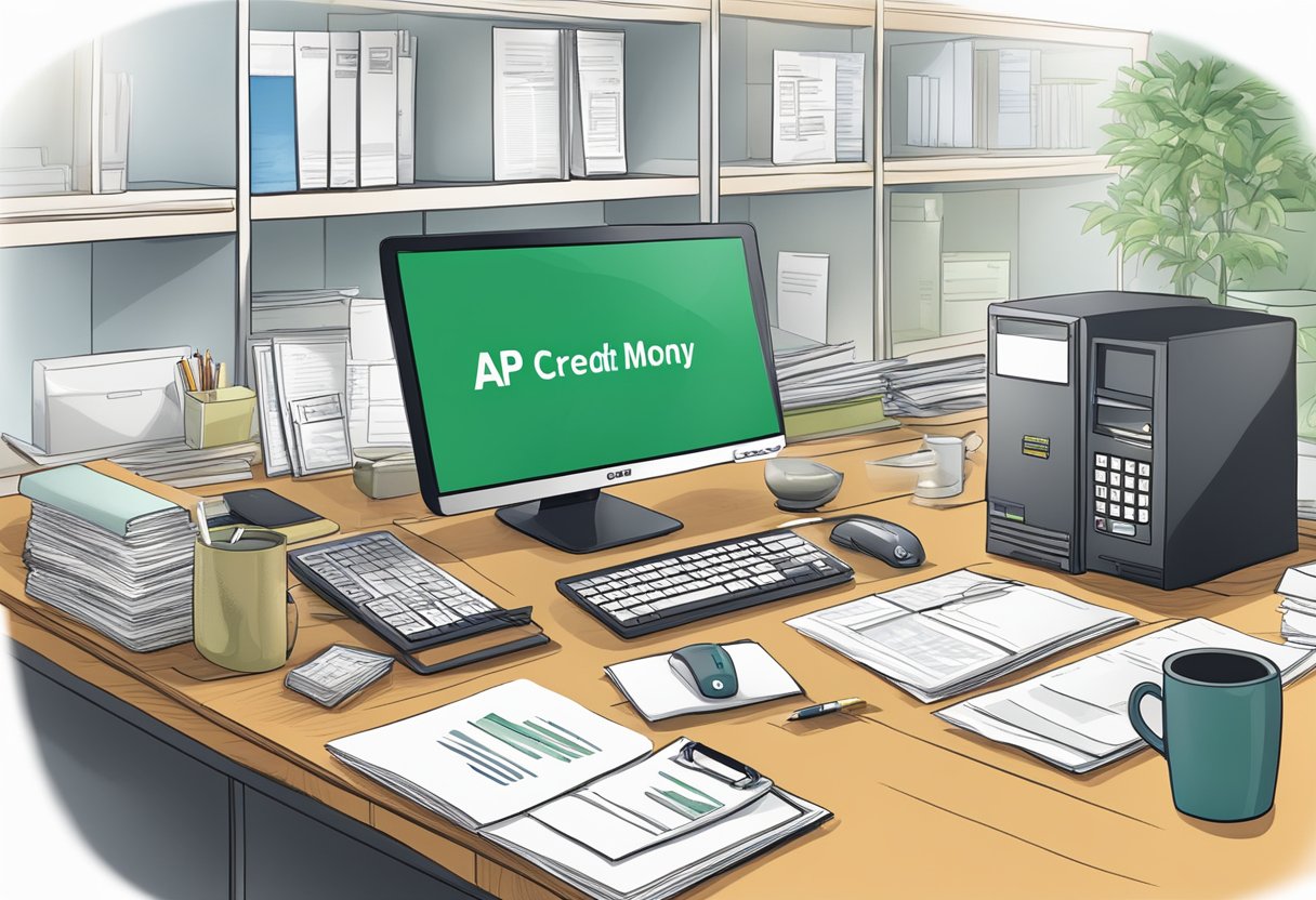 An office desk with a computer, documents, and a sign displaying "AP Credit Licensed Money Lender."