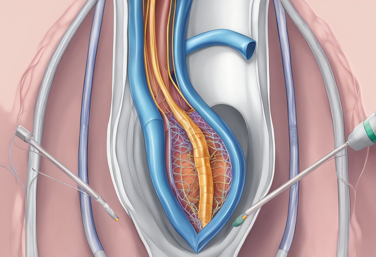 A stent is inserted into a heart artery by a catheter