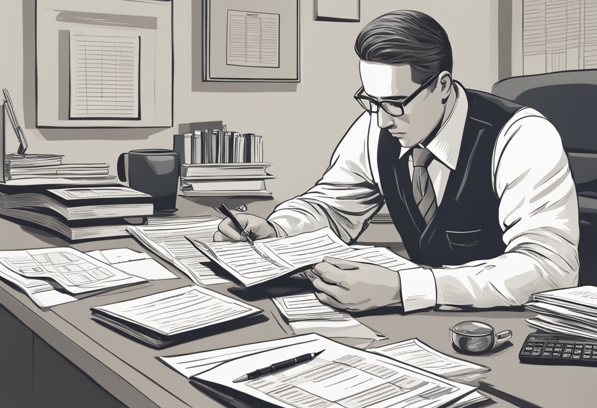 A person carefully reviewing a list of licensed moneylenders, comparing interest rates and terms. The individual is seated at a desk with paperwork and a calculator, surrounded by financial documents