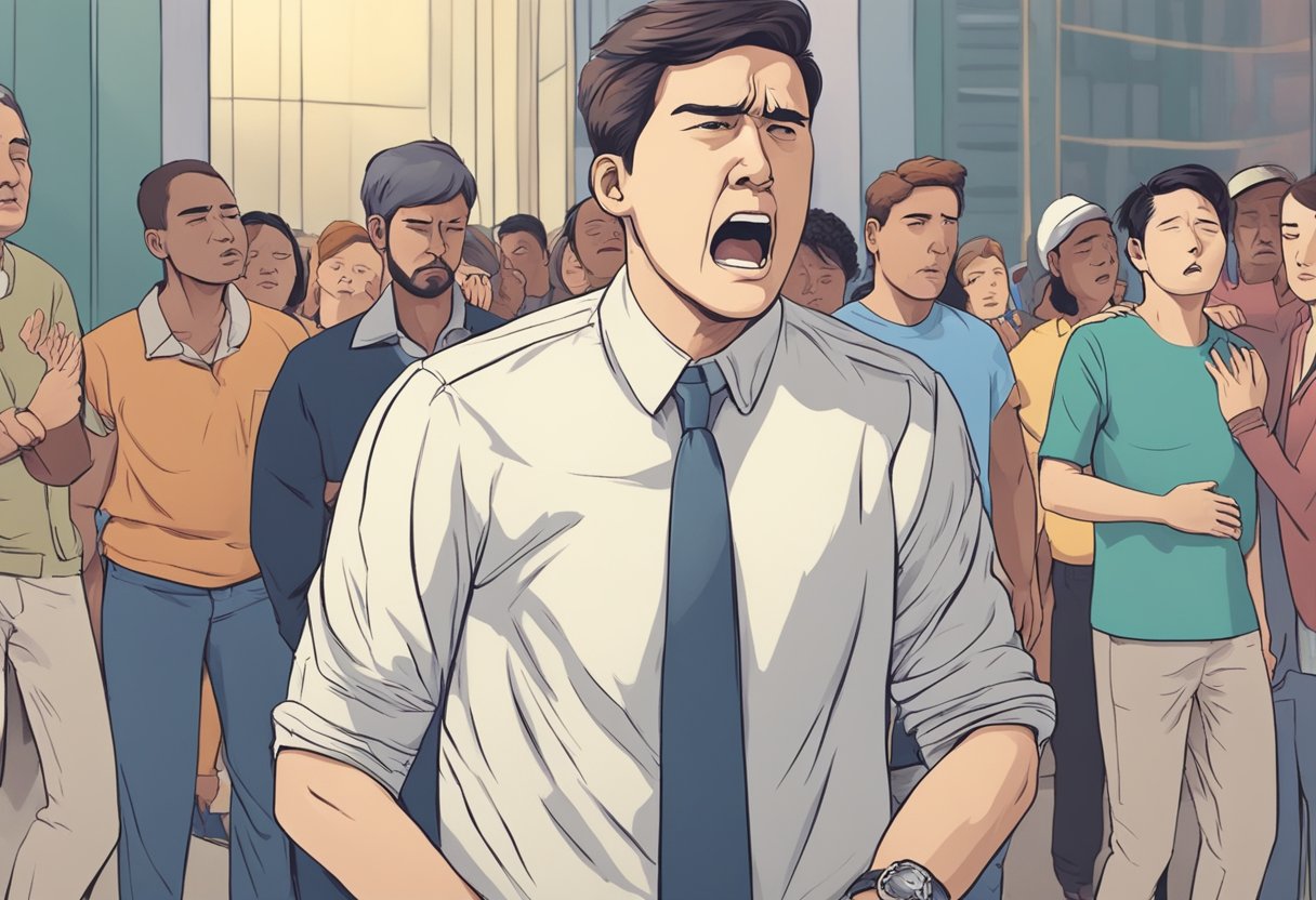 A person clutching their chest, wincing in pain, as bystanders look on in concern