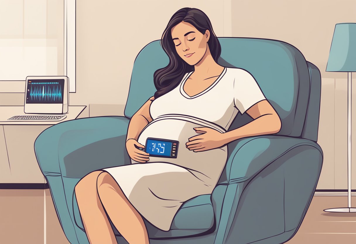 A pregnant woman sitting on a comfortable chair, holding a heart rate monitor to her belly, with a peaceful expression on her face