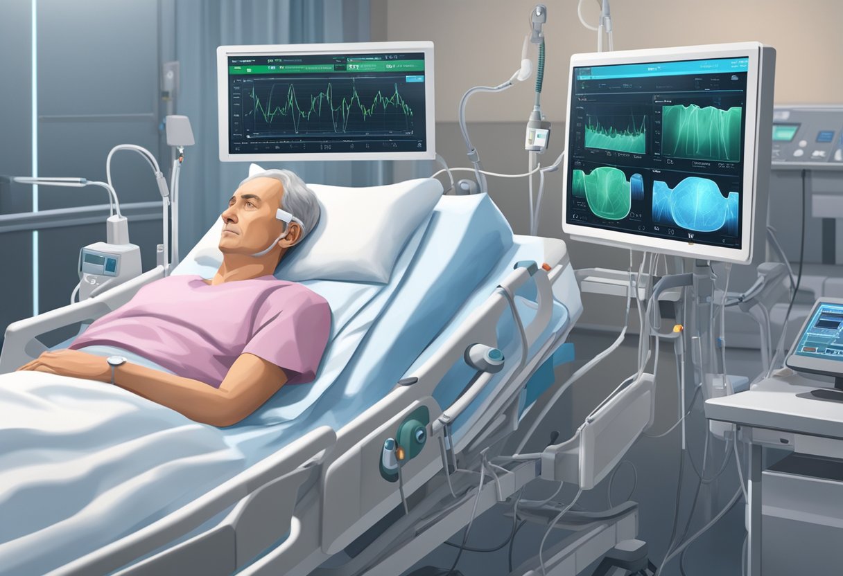 A patient lies in a hospital bed, connected to monitoring equipment. A stent is visible on a screen, showing it has been successfully placed in the heart