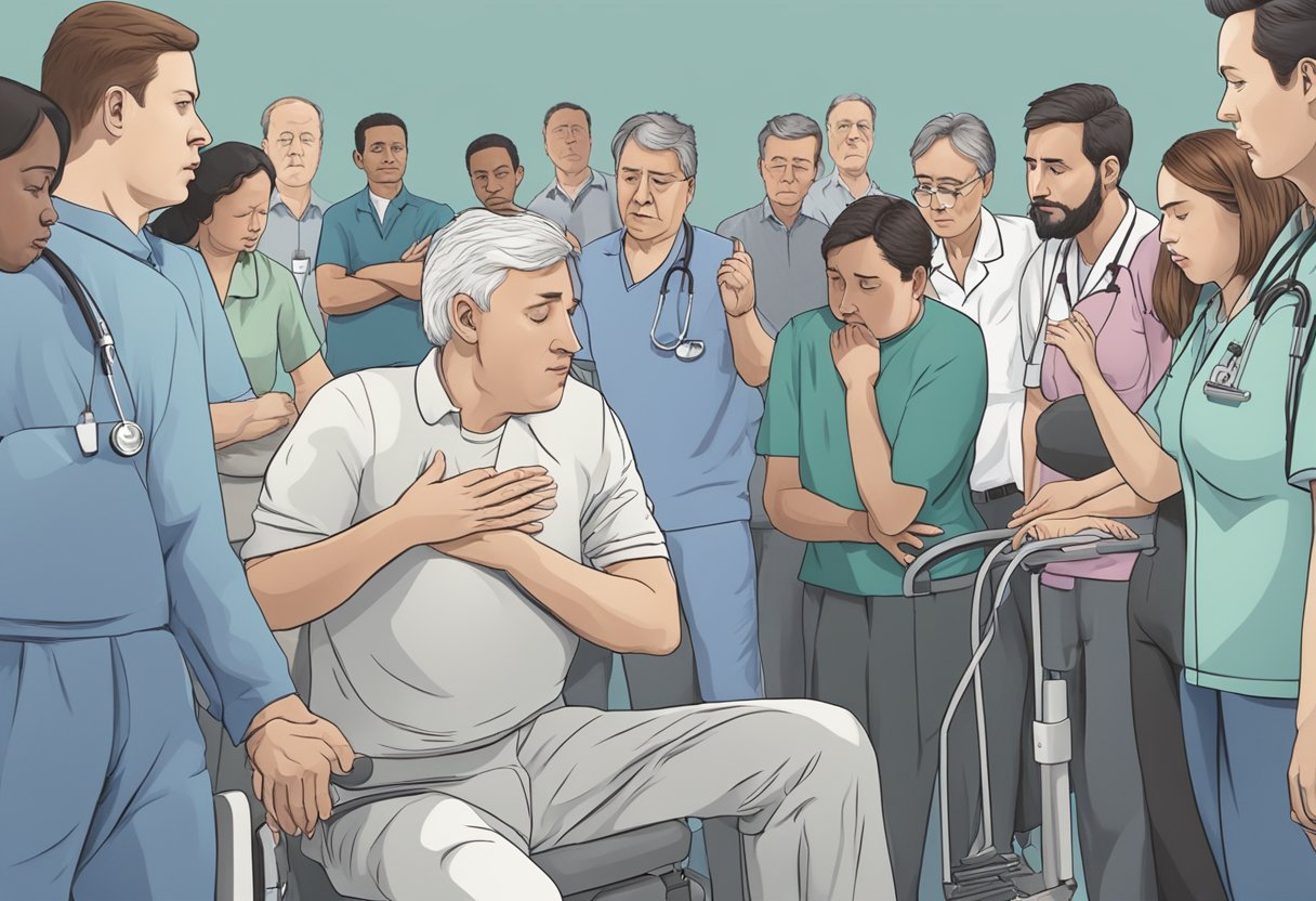 A person clutching their chest in pain, surrounded by concerned onlookers and medical equipment