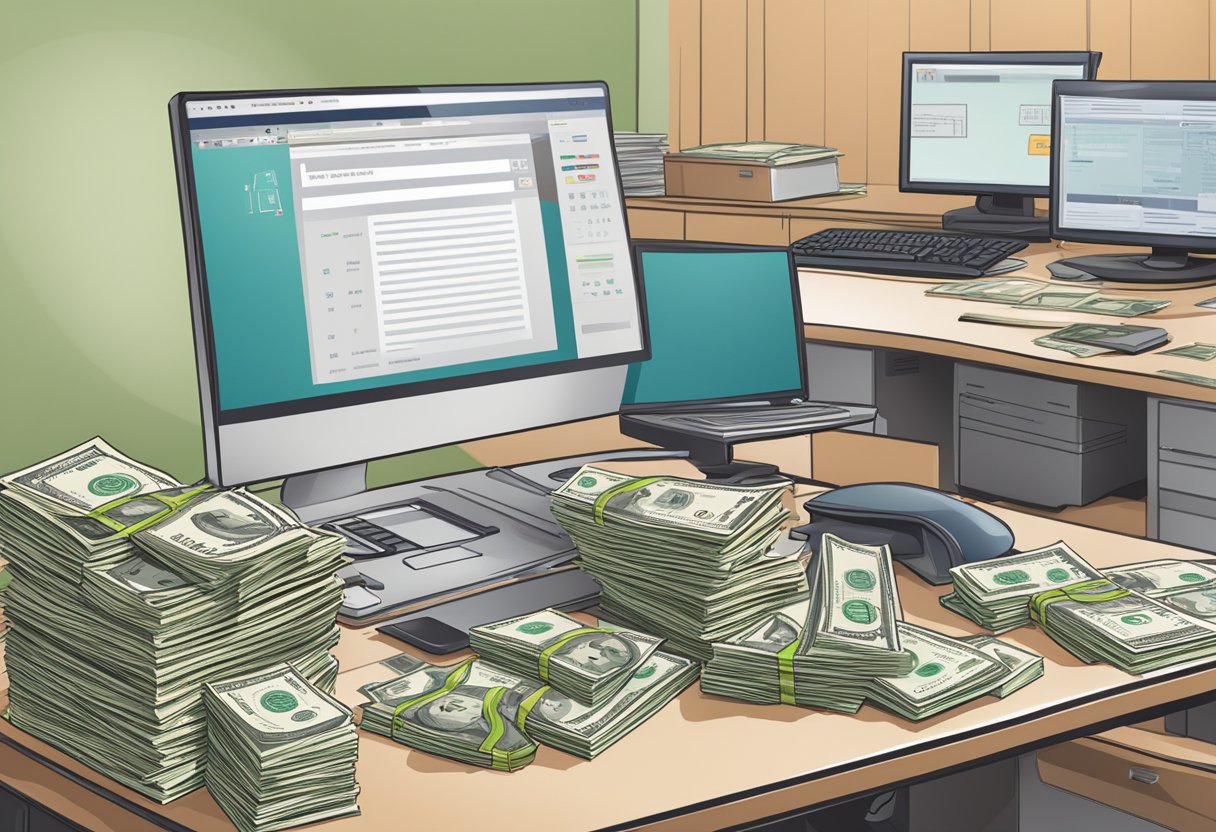 An office desk with a computer, stacks of money, and a sign reading "abm creditz money lender"