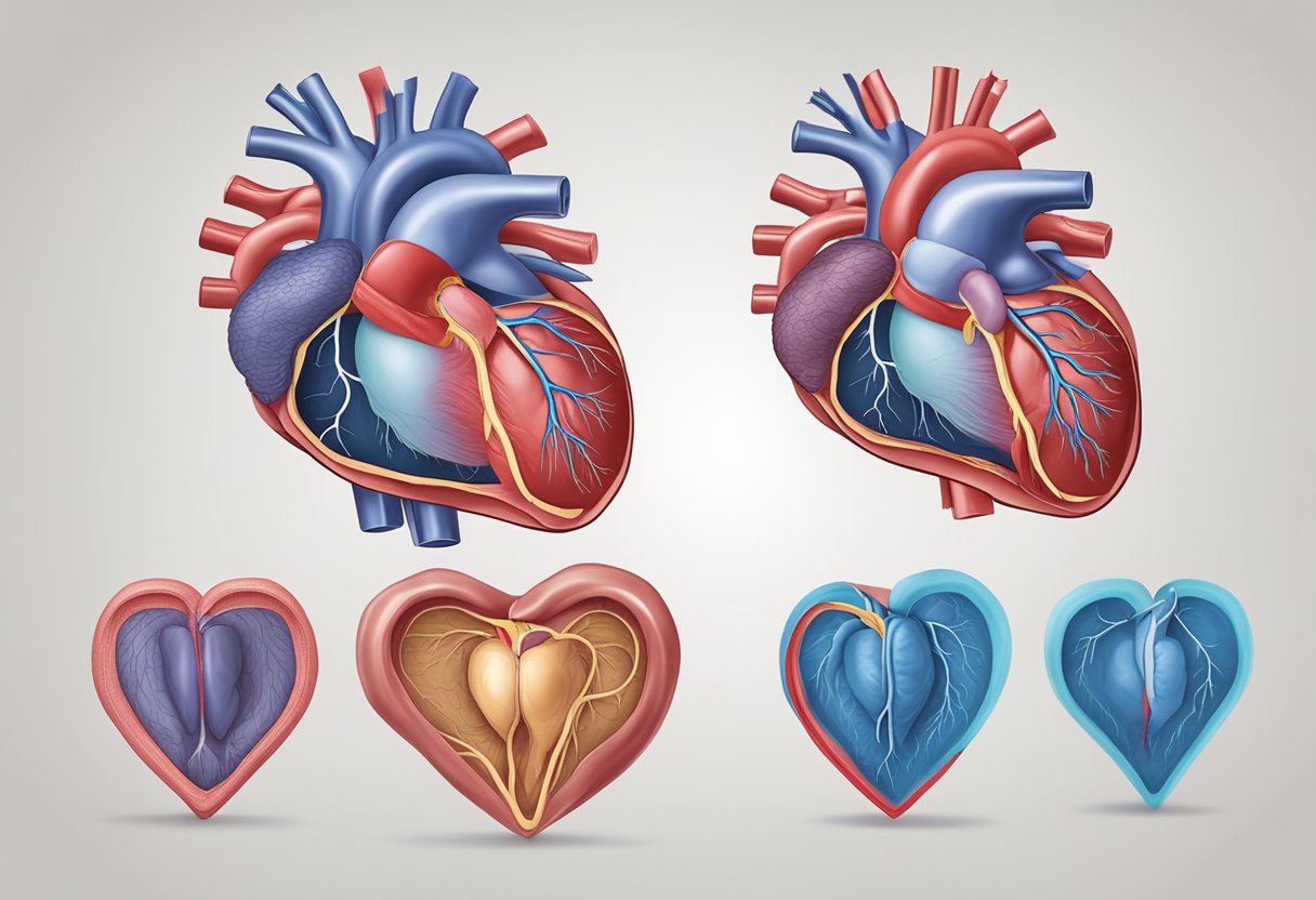 Right heart failure: enlarged and weakened right ventricle, backed up blood in systemic circulation.
Left heart failure: enlarged and weakened left ventricle, backed up blood in pulmonary circulation