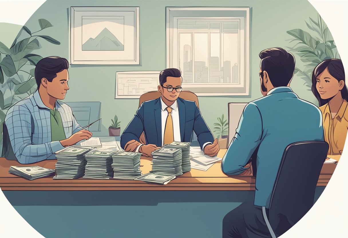 A money lender sitting at a desk with a stack of cash and a ledger, surrounded by clients asking questions
