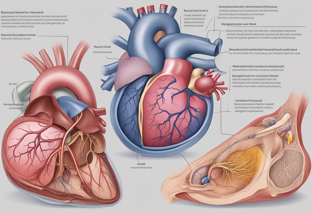 Right heart failure: enlarged and weakened right ventricle, backed up blood in systemic circulation. Left heart failure: enlarged and weakened left ventricle, backed up blood in pulmonary circulation