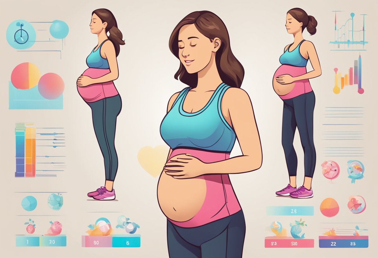A pregnant woman exercises, monitors symptoms, and checks her heart rate for care during pregnancy