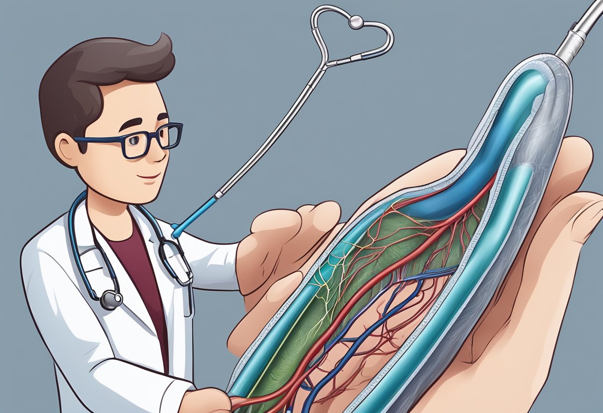 A doctor carefully inserts a stent into a heart artery, following a FAQ guide