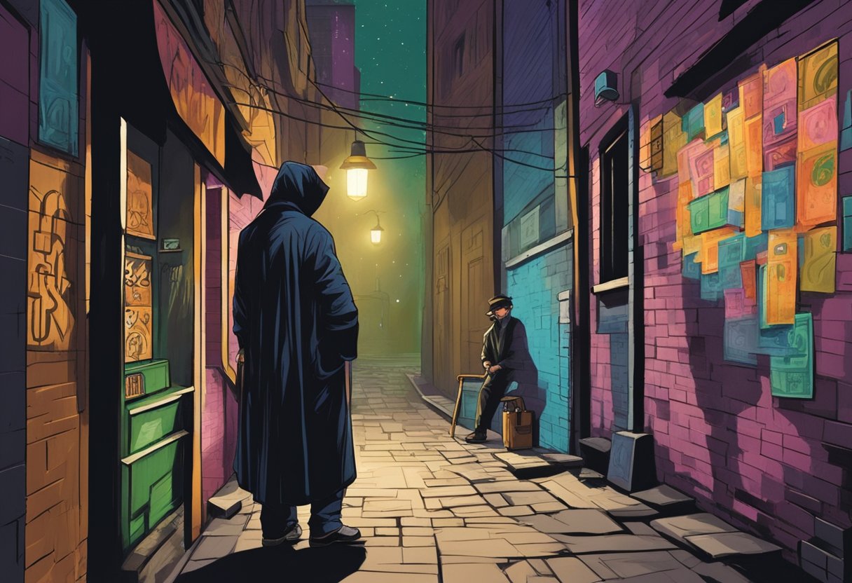 A dimly lit alley with a shadowy figure exchanging money with a desperate borrower. The walls are adorned with intimidating graffiti