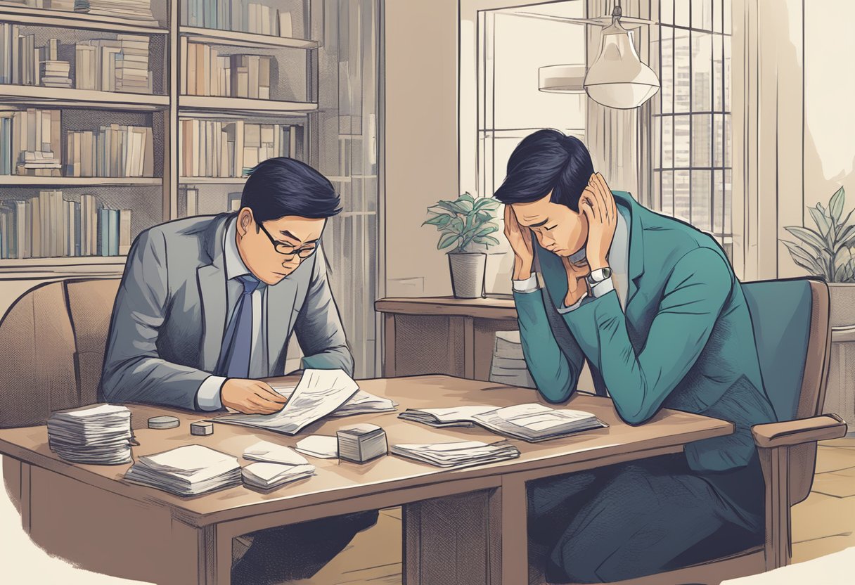 A person with bad credit pleads with a stern money lender in Singapore. The lender looks unimpressed, while the borrower looks desperate