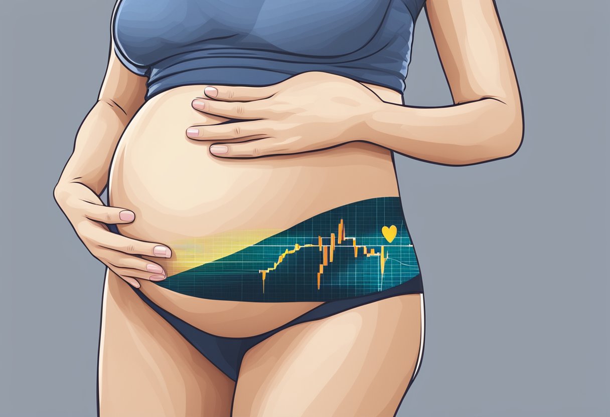 A pregnant woman's belly with a heart rate monitor attached