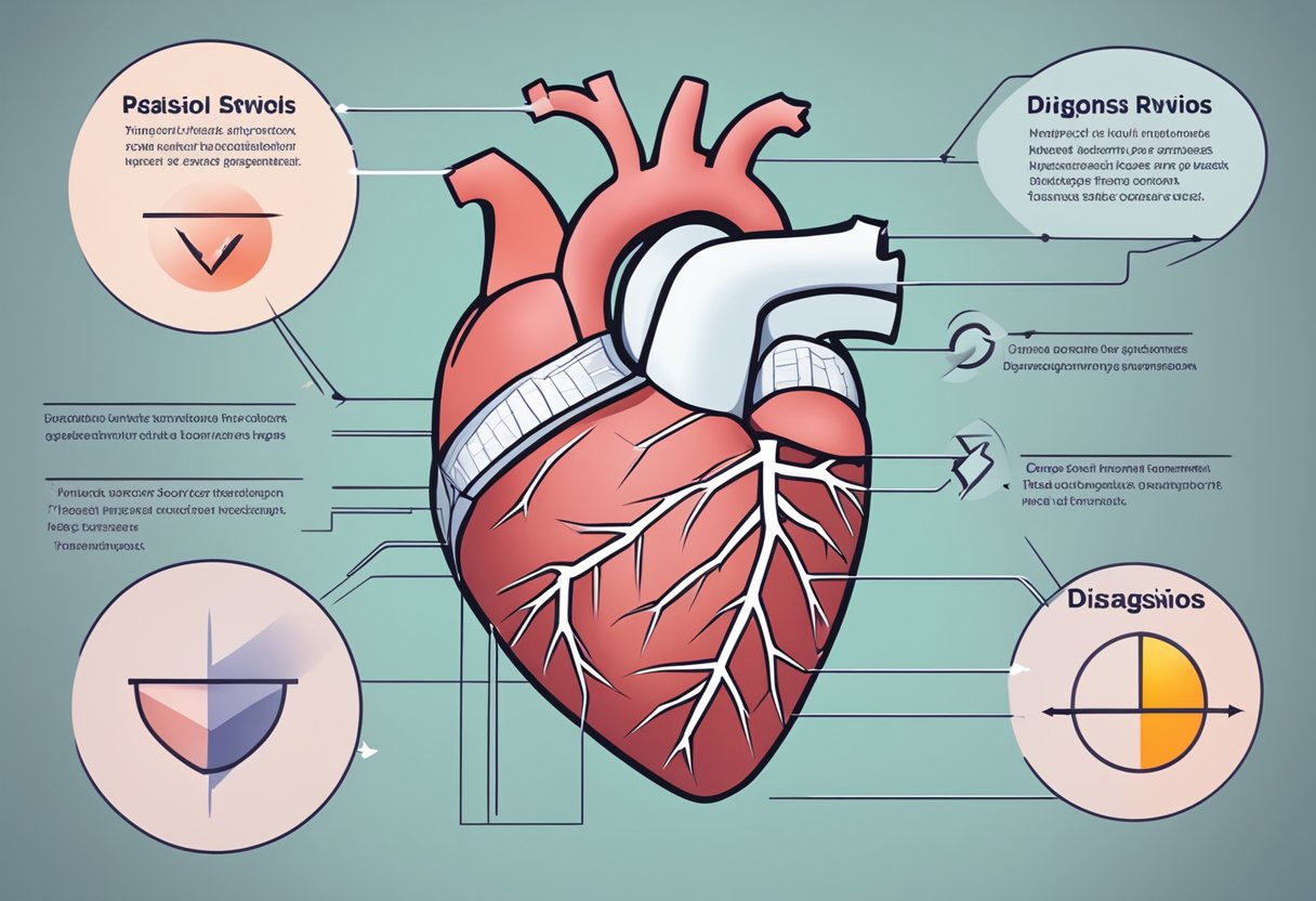 A heart with a clear division between the right and left sides, with arrows pointing to each side labeled "diagnosis" and "treatment."