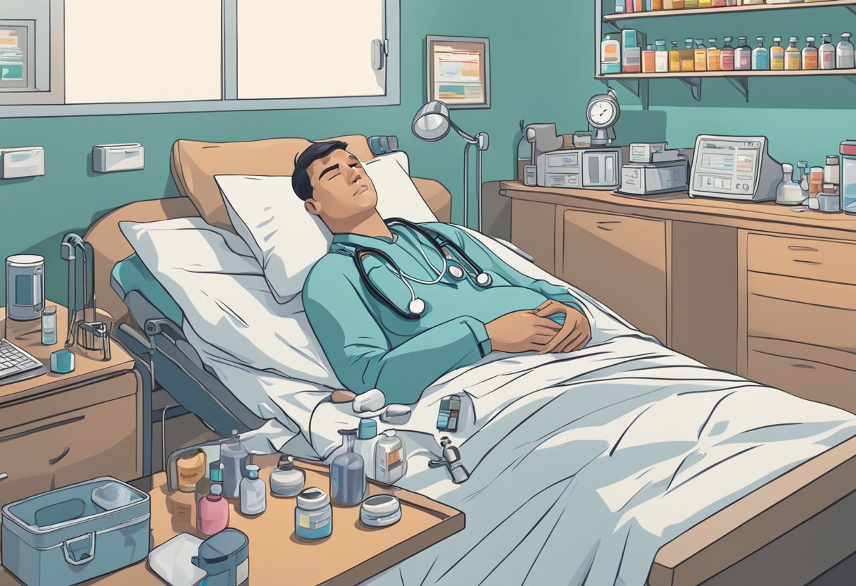 A person lying in bed, clutching their chest in pain. Medical equipment and pills scattered nearby. A doctor rushing to the scene