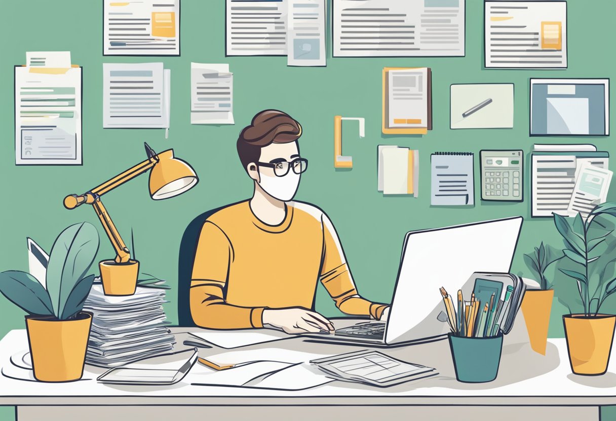 A person sits at a desk, surrounded by paperwork and a computer. They are carefully comparing different personal loan options and managing their finances
