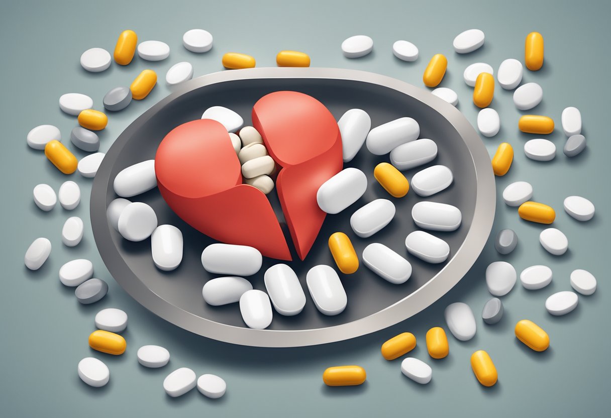 NSAIDs and heart failure mechanism shown with a broken heart symbol and a pill, representing the negative impact of NSAIDs on heart health