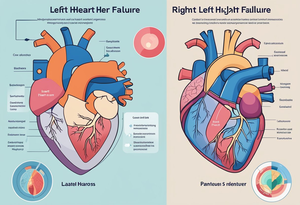 A diagram showing the differences between right heart failure and left heart failure, with labeled sections and clear visual indicators
