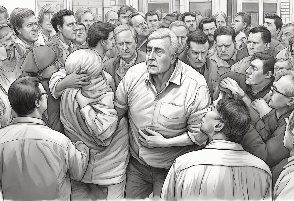A heart attack victim collapses, clutching their chest in pain, surrounded by concerned onlookers