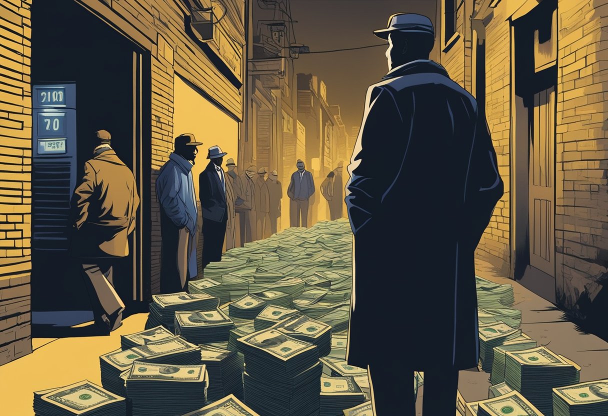 A shadowy figure stands in a dimly lit alley, counting stacks of cash while a line of desperate individuals wait anxiously. Signs displaying exorbitant interest rates loom overhead, creating an atmosphere of exploitation and desperation