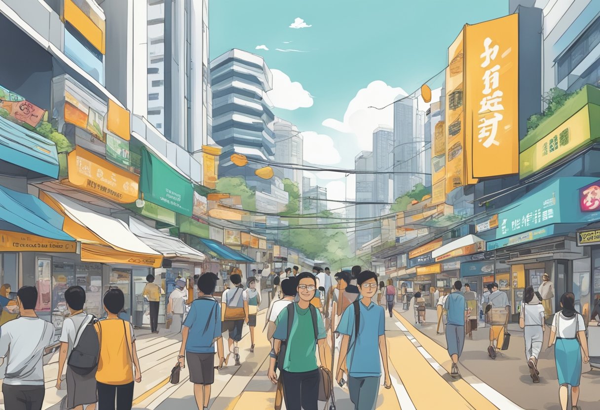 A bustling street in Jurong, with prominent signs advertising highly recommended money lenders. The area is alive with activity, as people come and go seeking financial assistance