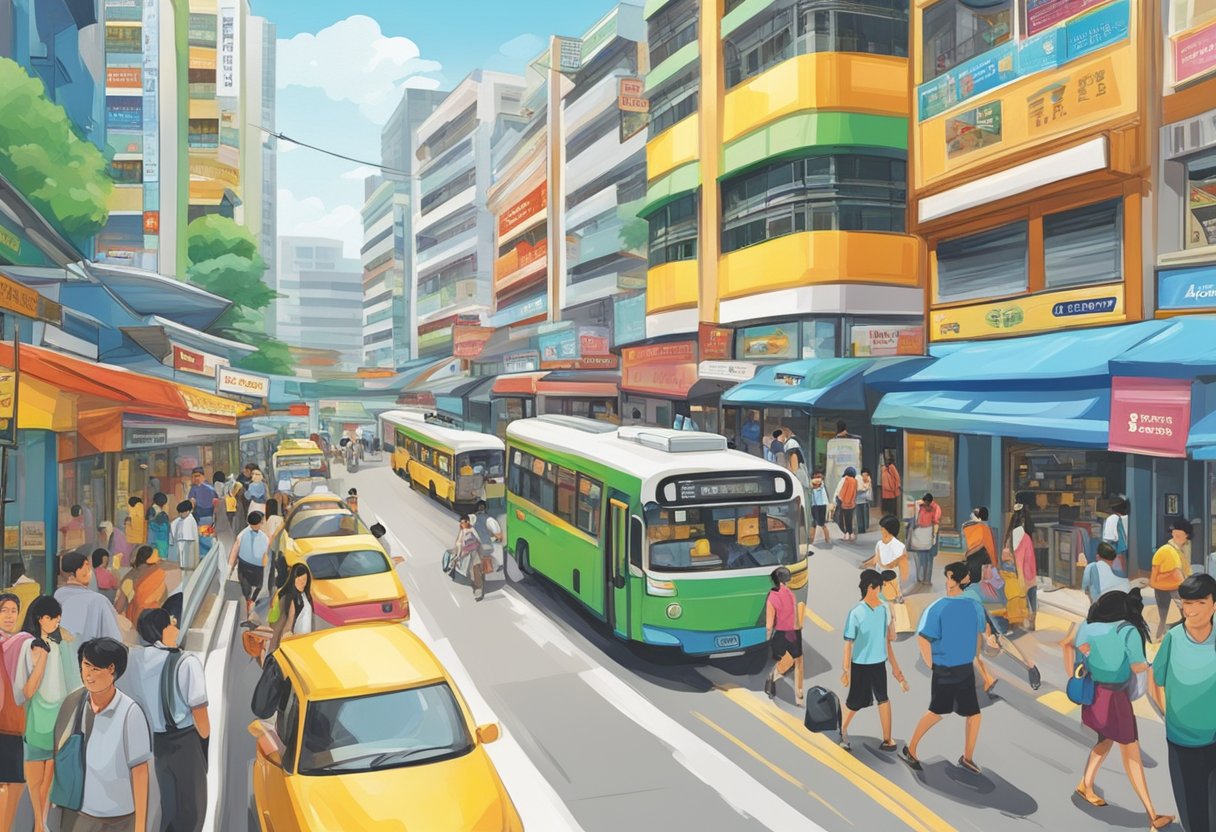 A bustling street in Jurong, with prominent signs advertising "Trusted Money Lenders" and "Highly Recommended." Bright colors and busy foot traffic suggest a thriving financial district