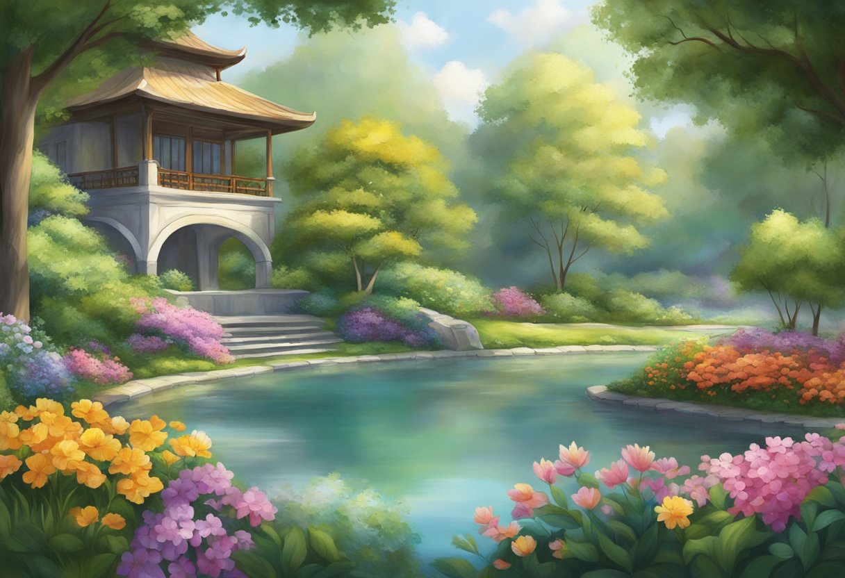 A calm, tranquil setting with a gentle breeze and still waters, surrounded by lush greenery and colorful flowers