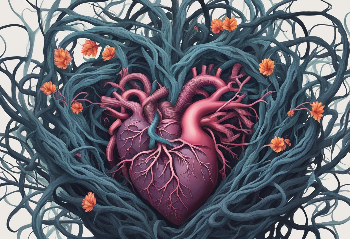 A dark, tangled mass of thorny vines constricting around a vibrant, pulsing heart. The heart appears strained and suffocated, while the surrounding vines symbolize the psychological burden of heart disease