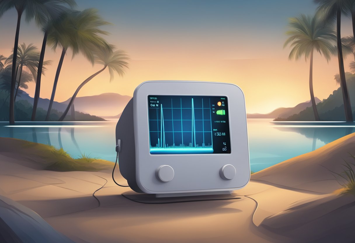 A calm, still scene with a pulsing heartbeat monitor displaying a low number, surrounded by a serene atmosphere