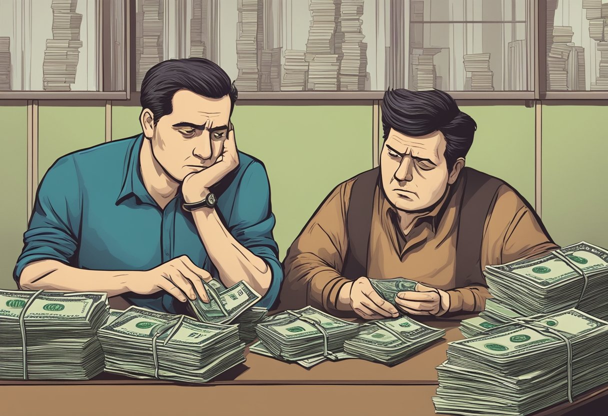 A man counts money while a stern-looking moneylender watches closely. The man's worried expression suggests he is struggling with debt