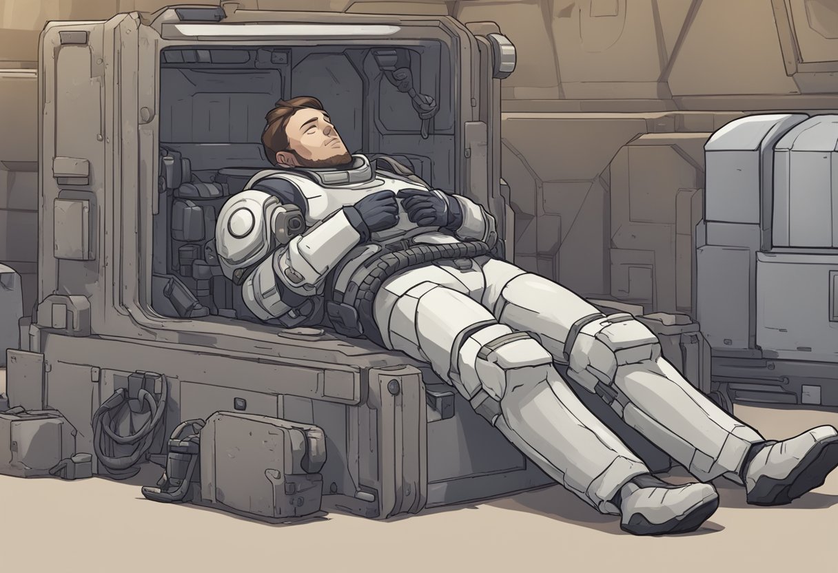 A colonist collapses, clutching their chest, as a bionic heart malfunctions on a rimworld outpost