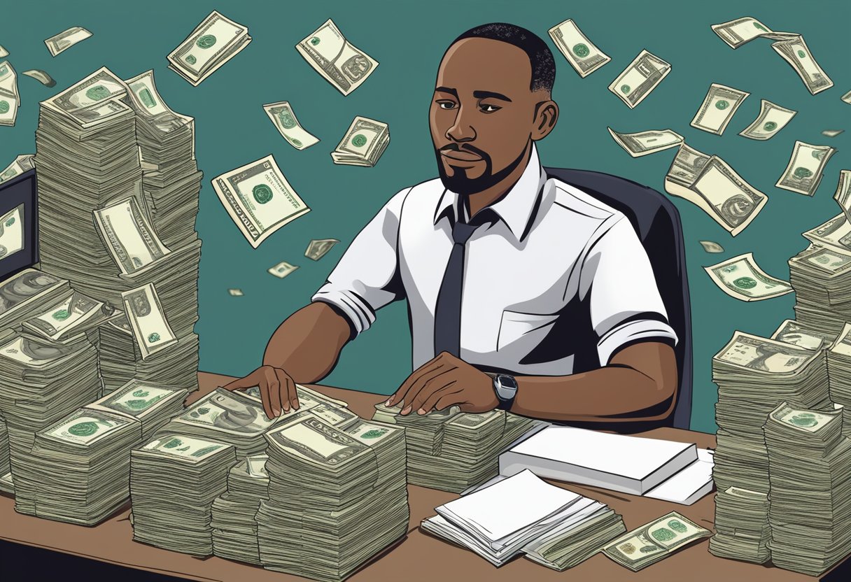 A figure counting money at a desk, surrounded by stacks of cash and financial documents