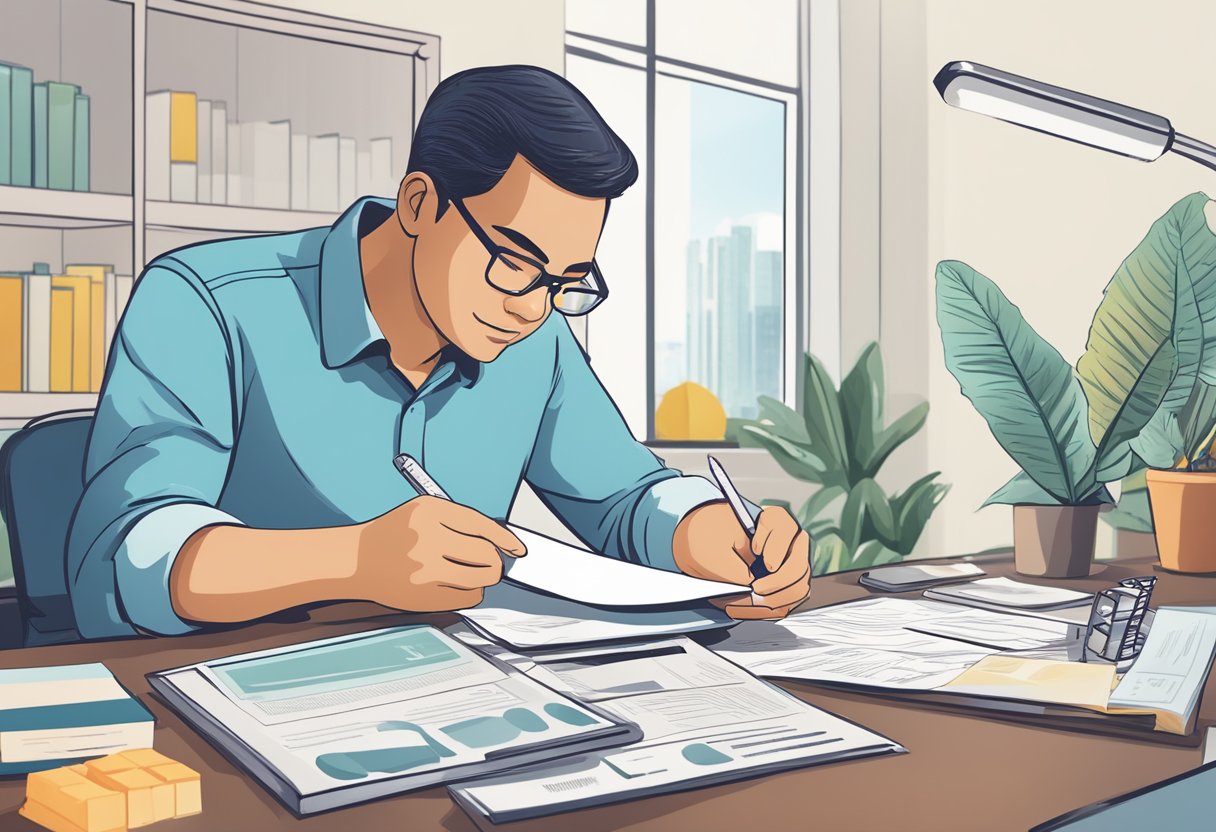 A borrower sits at a desk, reviewing loan terms with a money lender in Jurong. Documents and a calculator are spread out on the table