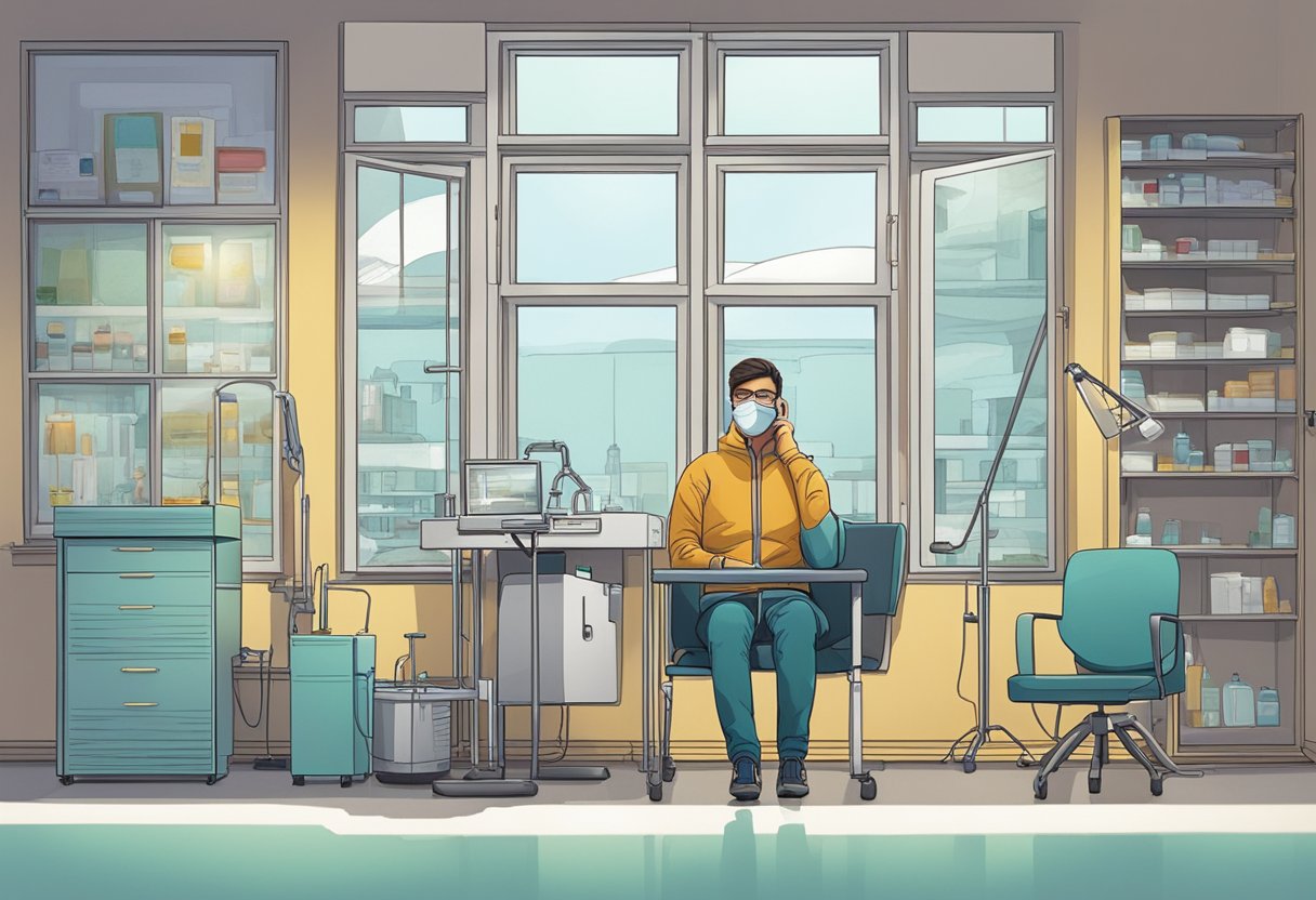 A person sits alone, surrounded by medical equipment, looking out a window with a pensive expression