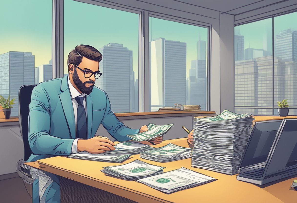 A money lender sits behind a desk, counting cash and discussing loan terms with a customer in a brightly lit office space