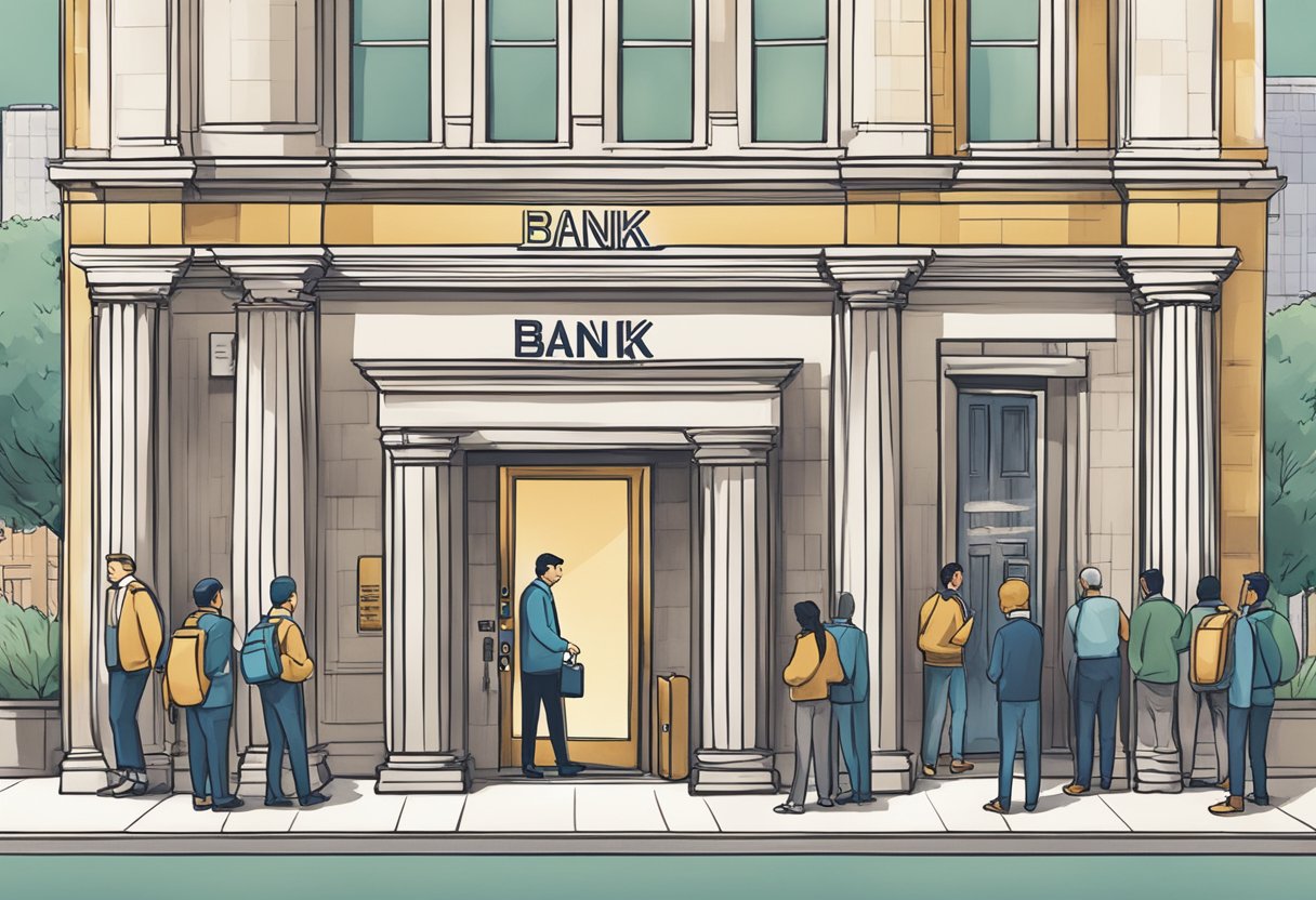 Banks lend money to customers, depicted by a bank building with a sign reading "Bank" and a line of people waiting to enter