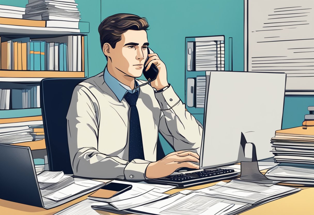 A person sitting at a desk, surrounded by paperwork and a computer, talking on the phone with a serious expression